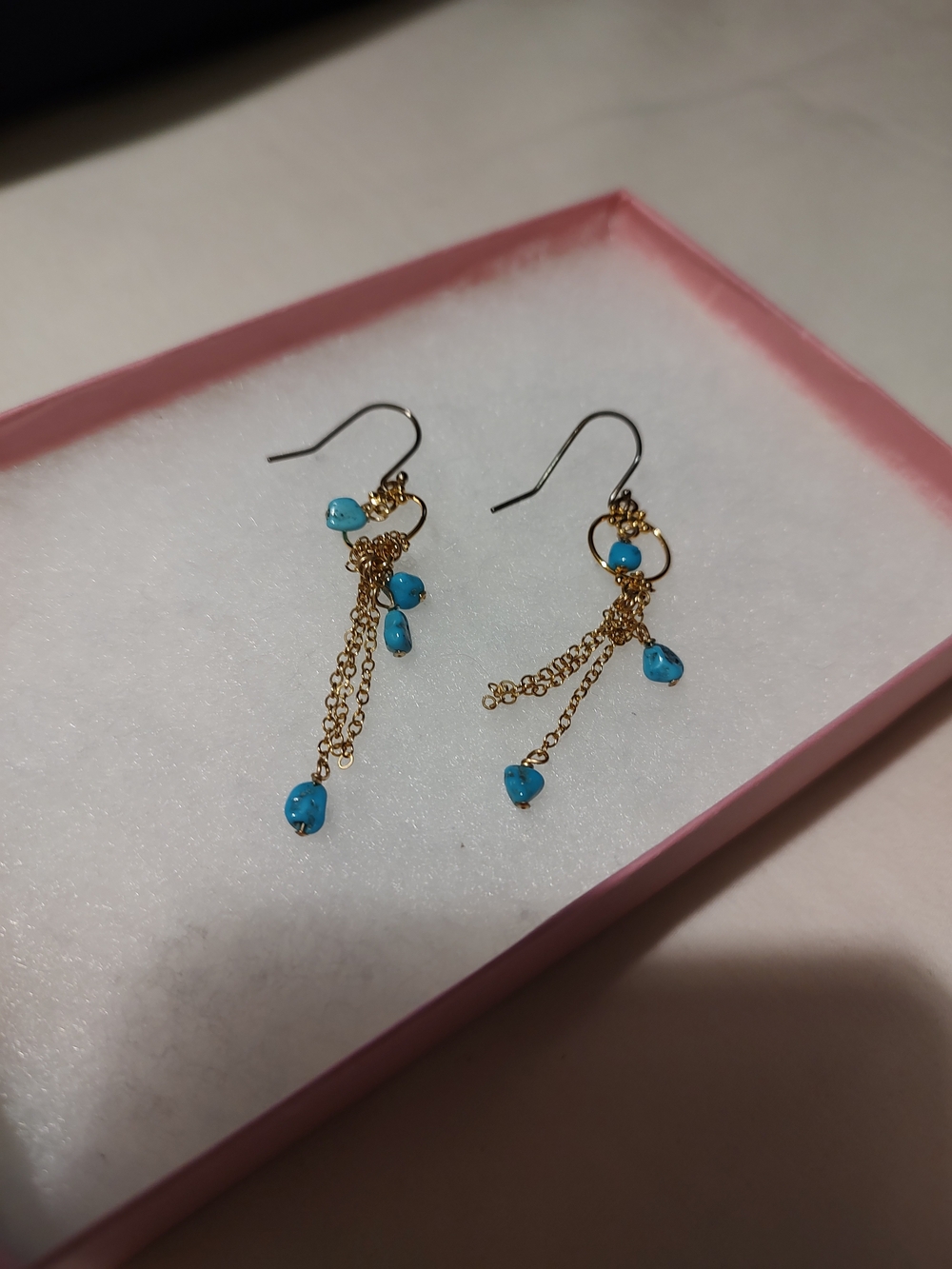 Labor Day SpecialGold Chain Drop Earrings with Turquoise Beads - Women's Jewelry